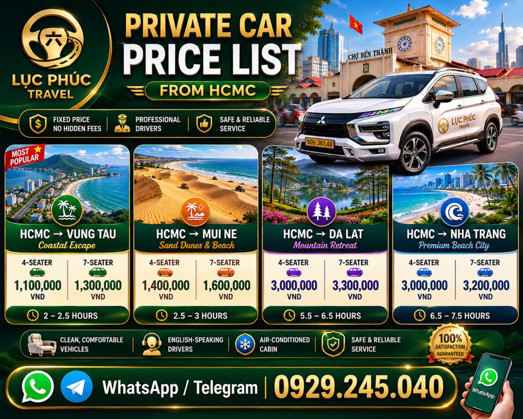 private car list form hcmc mui ne, nha trang, da lat, vung tau luc phuc travel
